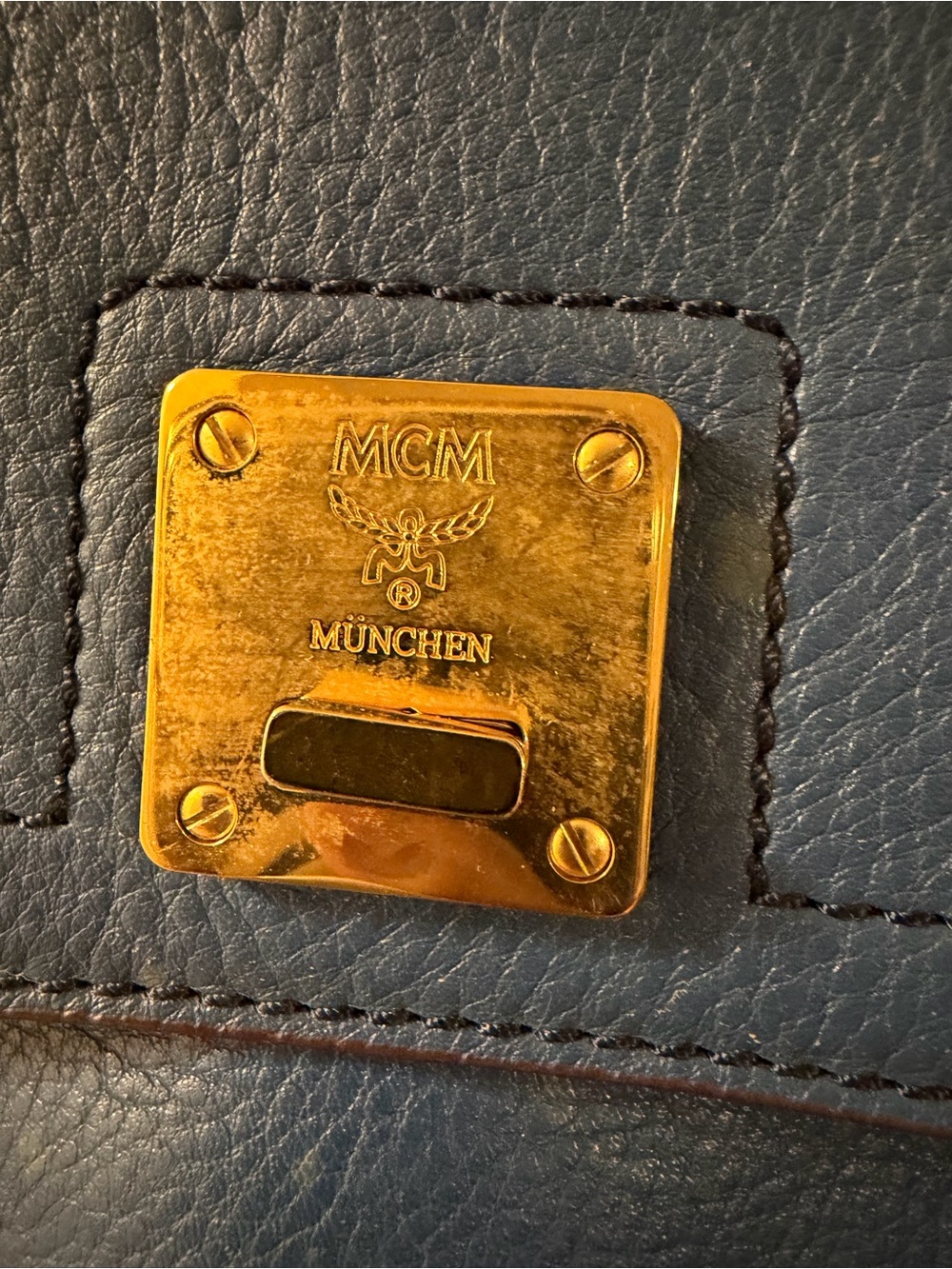 MCM Blue Leather Top-Handle Satchel Bag with Gold Hardware - Picture 3 of 15
